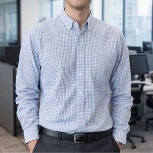 Nautica Light Blue Checkered Button Down Dress Shirt, Size Large